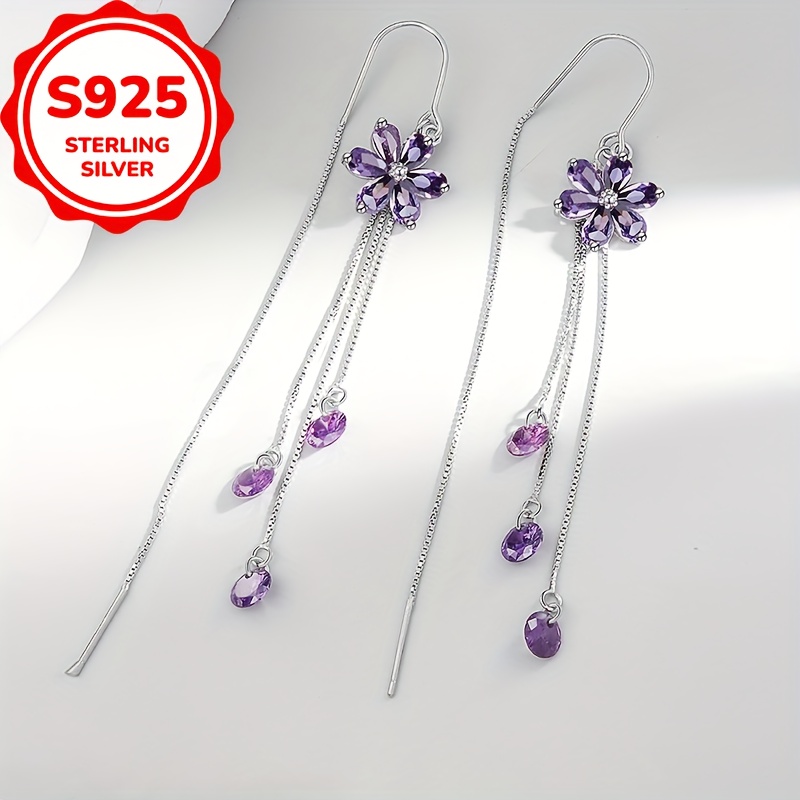 S925 Sterling Silver Flower Long Tassel Pendant Earrings